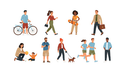 PrintDiverse collection of people performing various outdoor activities . Flat vector characters, walking, cycling, running, walking dog, white background © Mijanur