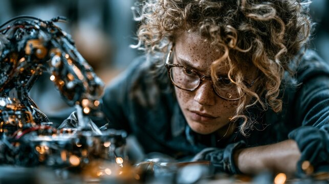A female engineer with curly hair and glasses focuses intently on a robotic arm in a workshop setting, surrounded by tools and machinery under warm task lighting.