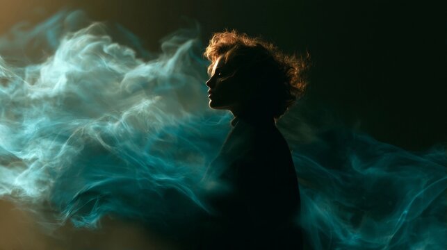 A cinematic portrait of a person in profile surrounded by swirling blue smoke, illuminated by dramatic side lighting against a dark background.