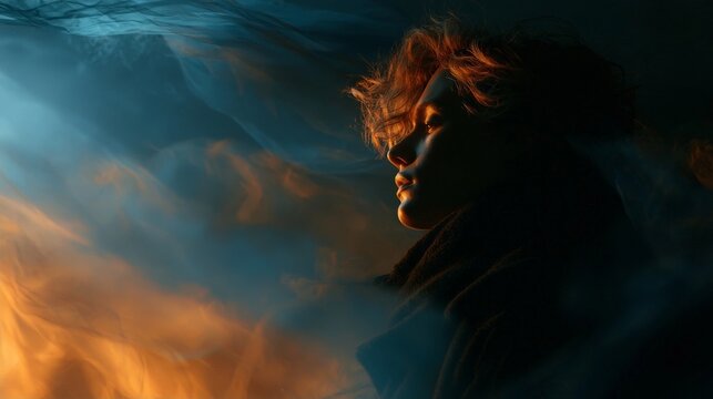 A cinematic portrait of a person in profile, surrounded by flowing fabric illuminated by dramatic side lighting and atmospheric haze, evoking a sense of calm introspection.