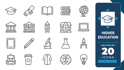 Fototapeta premium Higher education line icon set featuring graduation, university, diploma, books, research, science, learning and academic study editable vector collection