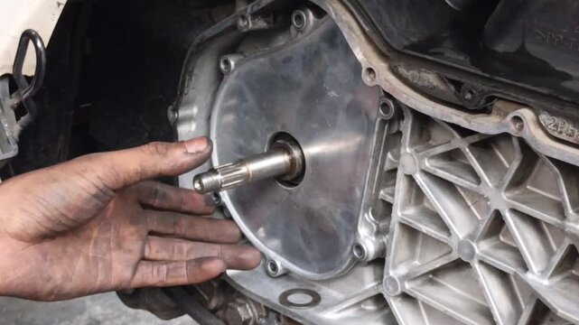 a mechanic removing the CVT transmission cover on a scooter during maintenance. Automotive repair, engine servicing, and mechanical work in a workshop.