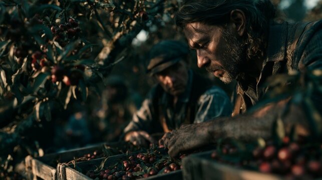 A photorealistic orchard scene featuring growers inspecting fresh fruit during early harvest under warm morning light, with natural imperfections and layered branches creating depth and copy space.
