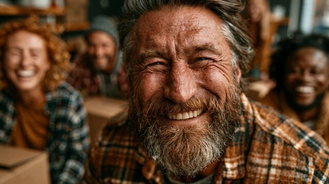 A joyful man with a beard smiles warmly at the camera while friends laugh in the background during a move to a new home.
