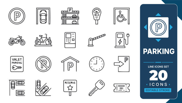 Parking line icon set featuring car spaces, garage systems, meters, accessible parking, valet service, EV charging and reservation signs editable vector collection