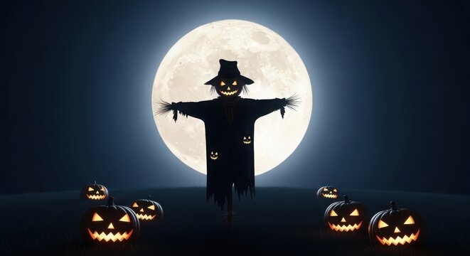 Scary halloween scarecrow under a full moon with jack o lanterns 