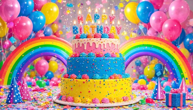 Colorful three tier birthday cake with lit candles and happy birthday topper surrounded by bright balloons and rainbows for a fun children celebration event or party design