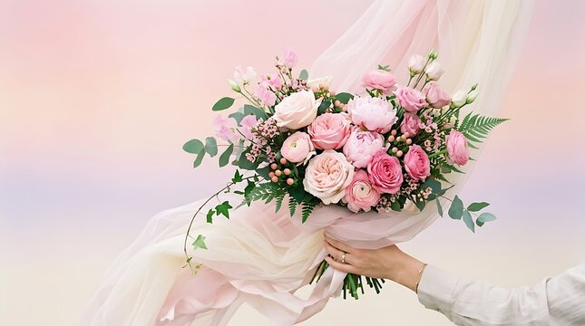 A beautiful bouquet of fresh pink flowers held by a person against a soft pastel gradient background for romantic occasions