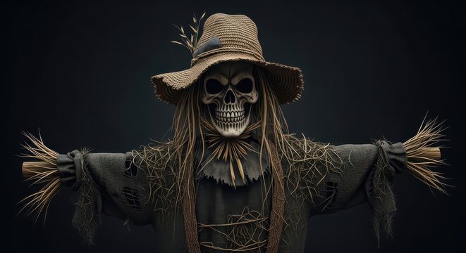 Scary scarecrow with skeleton face and straw arms against dark background