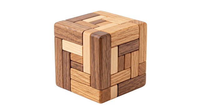 Wooden puzzle cube with interlocking blocks, natural timber brain teaser for logic and strategy, handcrafted 3D wood puzzle for mental challenge isolated PNG with Transparent Background