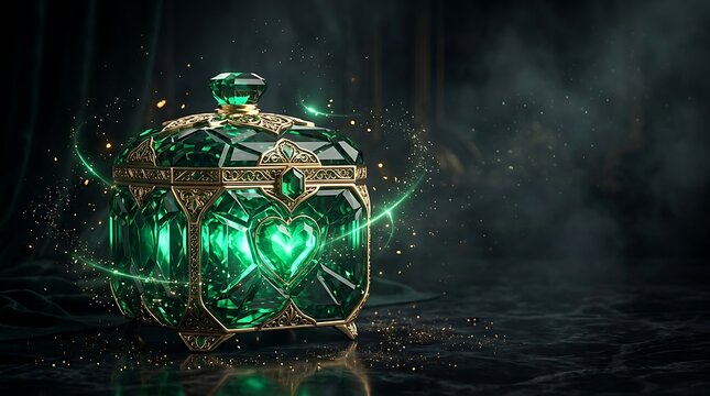 An ancient ornate treasure chest glowing with mystical green magical energy inside a dark and mysterious foggy forest at night