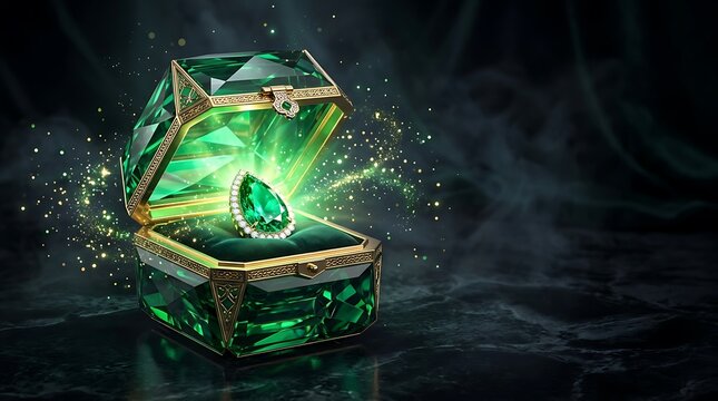 An ornate ancient wooden treasure chest open in a dark cave glowing with a magical bright green light and sparkling particles