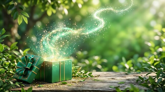 A magical green gift box sitting on a forest floor with glowing particles and sparkles swirling in the air around it