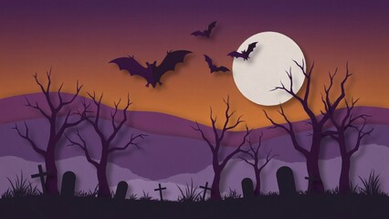Fototapeta premium Spooky papercraft graveyard scene featuring silhouetted bare trees bats and full moon at dusk with white moon against purple sunset sky displays layered papercraft
