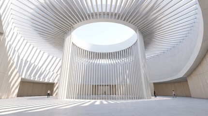Fototapeta premium Futuristic Circular Atrium with White Vertical Columns, Skylight and Minimalist Architectural Design