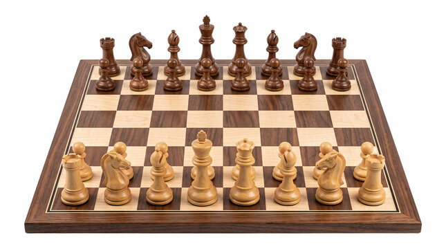 Classic wooden chess set on checkered board, professional chess pieces in starting position, elegant dark and light wood tabletop game isolated PNG with Transparent Background