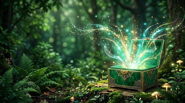 A magical glowing treasure chest sits on the mossy forest floor surrounded by ethereal sparkling lights and mystical fantasy woodland atmosphere
