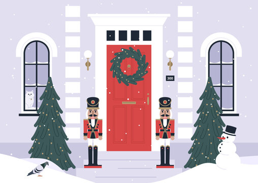 A decorated building entrance, a Christmas wreath on the door, a Xmas tree, nutcracker statues,  a winter holiday concept