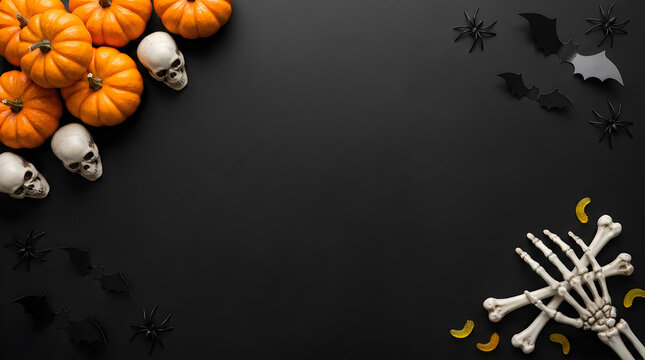 Halloween flat lay composition with orange pumpkins and white skulls, spooky holiday background with skeleton hands and bats, dark festive border halloween
