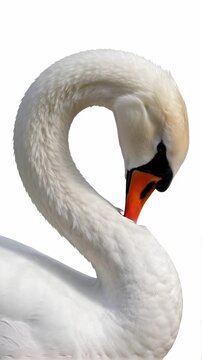 Close-up portrait of a pristine white mute swan curving its long, elegant neck into a classic S-shape against a seamless pure white background