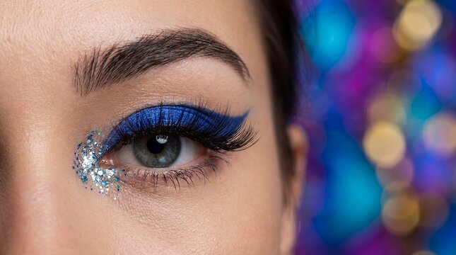 Blue eyeshadow dramatic eye makeup woman glitter lashes beauty cosmetics showing festival style concept for cosmetic advertising nightlife campaigns fashion editorials events and glamour branding