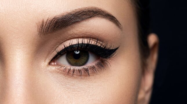 Cat eye eyeliner woman eye makeup lashes beauty cosmetics dramatic showing winged line concept for cosmetic advertising makeup tutorials fashion editorials salon services and glamour campaigns