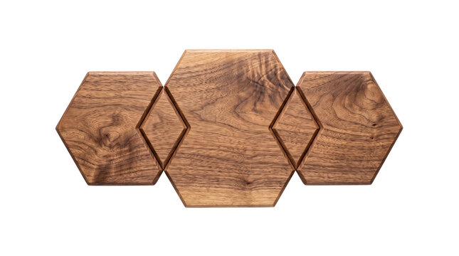 Natural walnut wood hexagon wall tiles, geometric wooden honeycomb decor panels, modular oak timber mosaic for interior design and home renovation isolated PNG with Transparent Background