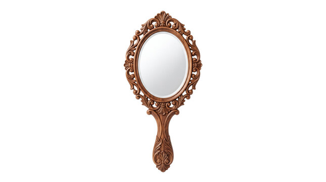 Vintage hand mirror with ornate bronze frame, antique Victorian style handheld vanity mirror, classic decorative beauty accessory for makeup isolated PNG with Transparent Background