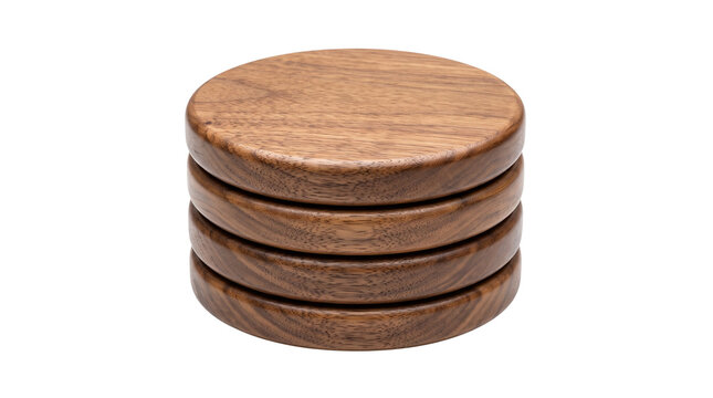 Natural walnut wood coasters in a stack of four, round wooden drink mats with organic grain texture, rustic kitchen table accessories for home decor isolated PNG with Transparent Background