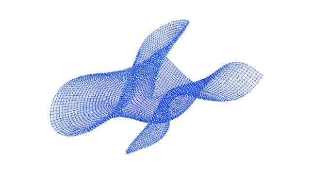 Grid mesh forms a flowing blue wave in a three dimensional space on transparent background