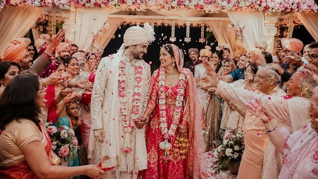 Indian wedding celebration, bride and groom arrival ceremony, traditional wedding couple entering venue, guests throwing flower petals, festive cultural event moments