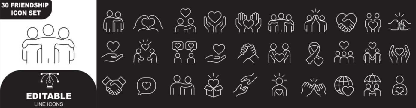 Friendship and relationship line icon vector set featuring human bonding, social connection, love, and friend activities concepts with editable stroke.