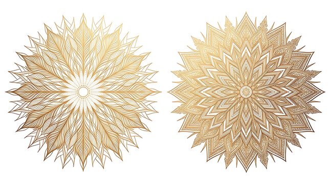 Golden ornate geometric vector illustrations with intricate mandala-inspired patterns, exuding elegance and luxury for decorative design elements and backgrounds