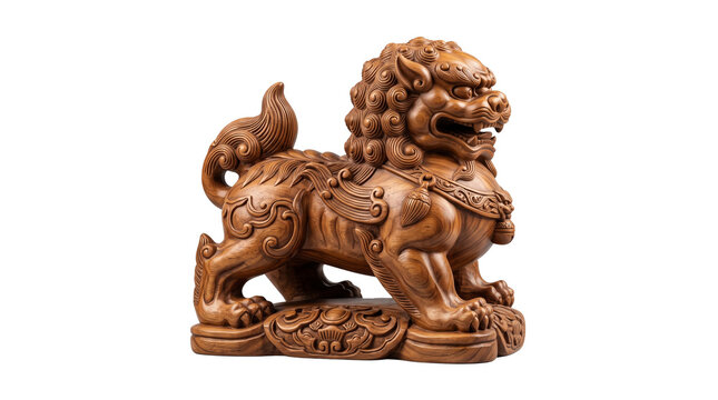 Traditional Chinese guardian lion statue, hand-carved wood foo dog sculpture, ornate oriental feng shui lion figurine in polished brown timber isolated PNG with Transparent Background