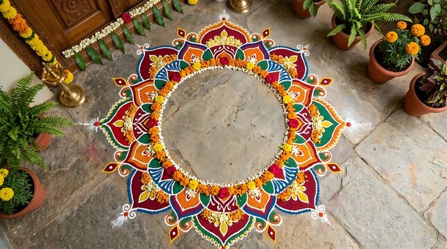 Vibrant traditional Indian rangoli design with intricate patterns and colorful floral decorations for celebrations