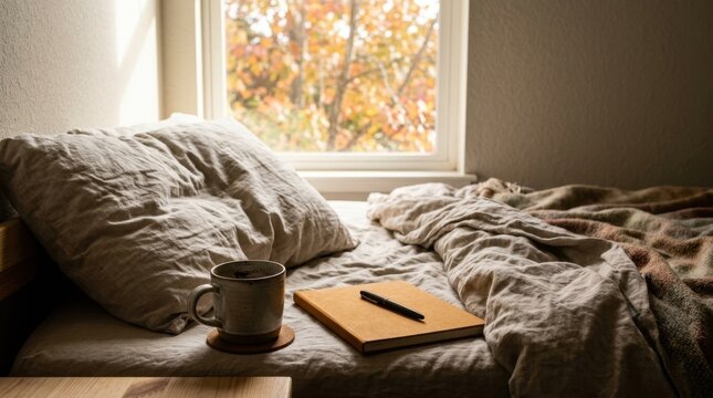 Unmade bed with a mug of coffee and a notebook. Slow autumn morning and cozy journaling concept