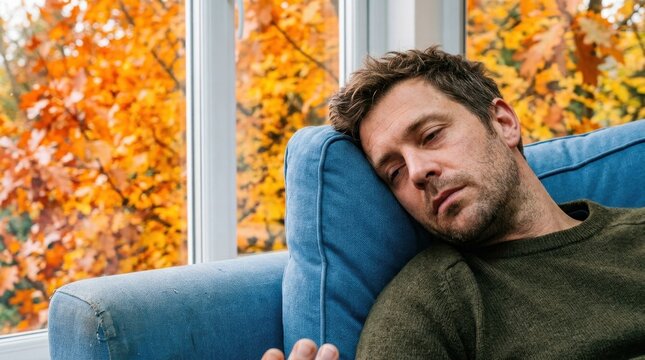 Exhausted man resting on a blue sofa by the window. Male experiencing autumn fatigue and seasonal depression
