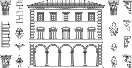 Classical Renaissance Palace Facade Vector Set with Architectural Pillars and Ornament Symbols © PJ DeSign