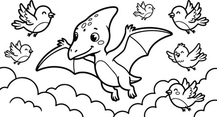 A cute cartoon pterodactyl flying in the sky surrounded by small happy birds for children coloring page © Maruf Hasan