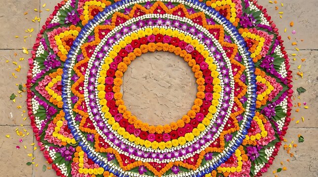 Traditional Flower Rangoli Pookalam Decoration for Onam and Diwali Festival Celebrations in India