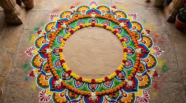 Traditional Indian Rangoli Pattern with Vibrant Colors and Marigold Flowers for Festive Decoration
