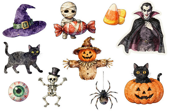 A modern set of Halloween illustrations featuring individual watercolor characters on a transparent background. This collection of spooky icons and stickers is perfect for design projects.