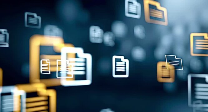 Numerous digital document and folder icons floating and moving through a dark, abstract background, illustrating concepts of data management, information transfer, and digital storage solutions