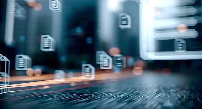 Luminous digital document icons floating and moving quickly through a futuristic, abstract cyberspace representing fast and efficient file sharing, data transfer, and information technology