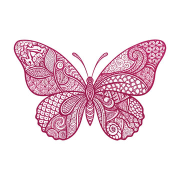 Pink butterfly with intricate mandala patterns. Decorative insect illustration design.