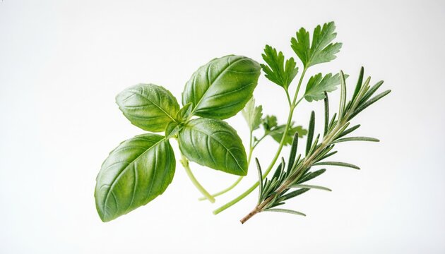 Fresh culinary herbs basil parsley and rosemary isolated on white background
