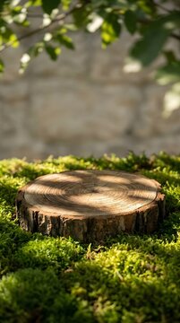 Wood stump on green moss in forest
