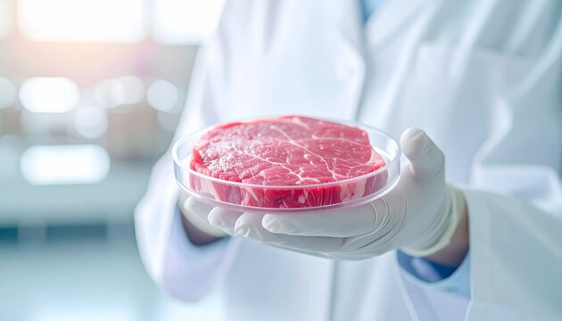 Scientist Examining Lab-Grown Meat Tissue Sample in Biotechnology Laboratory