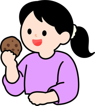 Little girl eating a chocolate chip cookie vector illustration, kids snack time concept