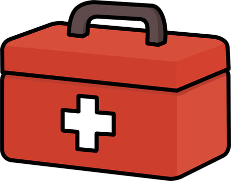 Red first aid kit box vector illustration, medical emergency equipment icon